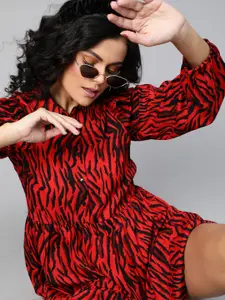 plusS Fiery Red and Black Animal Printed A-Line Dress