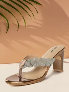 Anouk Women Silver-Toned Self-Striped & Braided Woven Design Block Sandals