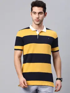 Louis Philippe Sport Men Navy Blue & Yellow Striped Polo Collar T-shirt