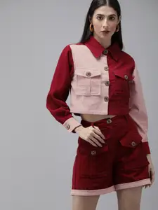 The Dry State Women Maroon & Pink Colourblocked Shirt with Shorts