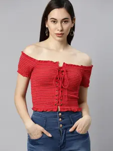 The Dry State Rich Red Solid Smocked Crop Top