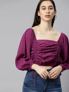 The Dry State Enticing Purple Solid Ruched Crop Top