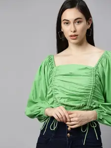 The Dry State Deep Green Solid Ruched Crop Top