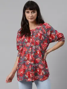 MISRI Grey & Red Floral Printed Shirt Style Top