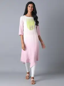 W Women Pink & Yellow Floral Embroidered Thread Work Boat Neck Kurta