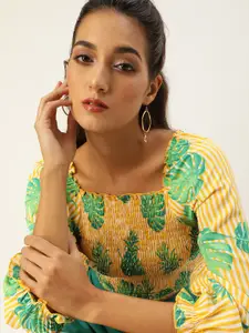 Style Quotient Bright Yellow and Green Striped Smocked Crop Top