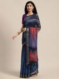 Anouk Blue & Black Geometric Printed Zari Pure Linen Saree