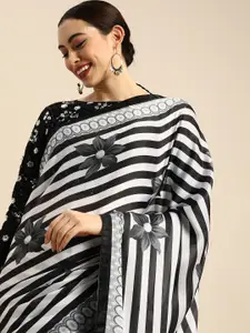 Anouk Black & White Satin Striped Saree