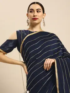 Anouk Navy Blue & Gold-Toned Silk Blend Embellished Saree