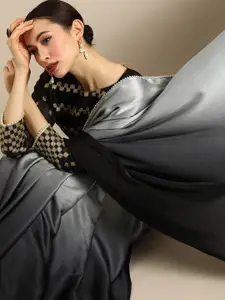 Anouk Black & Grey Satin Colourblocked Saree