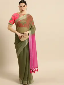 Anouk Olive Green & Pink Pure Linen Embroidered Saree
