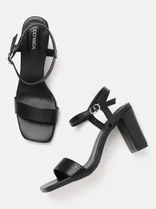 CORSICA Black Snakeskin Textured Open Toe Block Heels