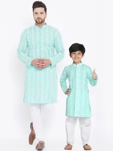 VASTRAMAY Men Sea Green & White Embroidered Kurta with Pyjamas