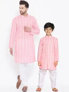 VASTRAMAY Men Pink & White Embroidered Kurta with Pyjamas