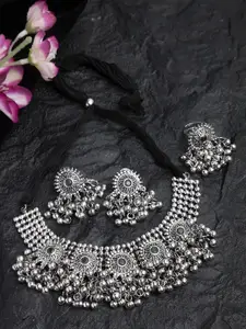 Moedbuille Green Stones & Ghungroo Studded Oxidised Silver Plated Handcrafted Jewelry Set with Ring
