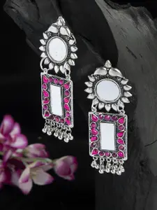 Moedbuille Mirror & Pink Stones Studded Floral Design Oxidised Silver Plated Handcrafted Earrings