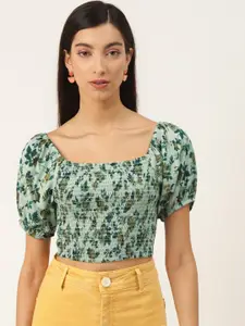 Trend Arrest Green Floral Printed Puff Sleeves Smocked Fitted Crop Top