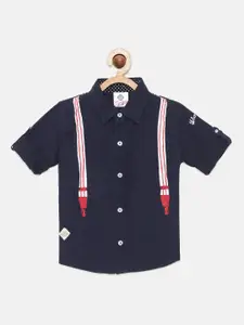 TONYBOY Boys Navy Blue Suspender Solid Regular Fit Pure Cotton Casual Shirt