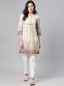 Biba Women Off White & Brown Pure Cotton Striped Kurta