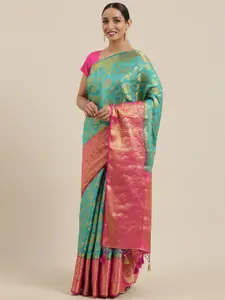MIMOSA Turquoise Blue & Pink Woven Design Kanjeevaram Saree