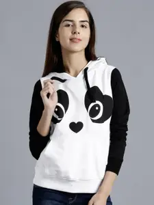 Kook N Keech White & Black Printed Colourblocked Hooded Sweatshirt