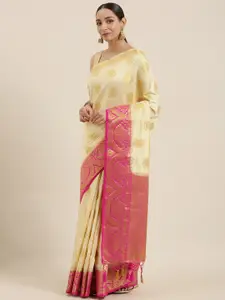 MIMOSA Off-White & Gold-Toned Art Silk Woven Design Kanjeevaram Saree