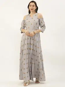Ethnovog Women Grey Foil Printed Made To Measure Maxi Dress