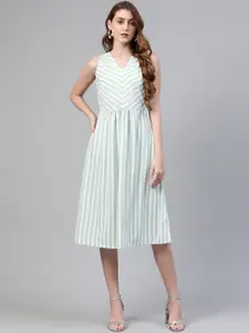 plusS Women White & Sea Green Striped A-Line Dress