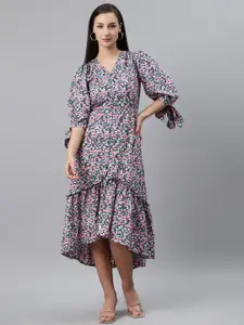 plusS Women Green & Pink Floral Print Midi A-Line Dress