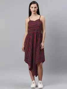 plusS Women Maroon & Black Striped Asymmetric Midi A-Line Dress