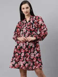 plusS Women Black & Pink Floral Print A-Line Dress