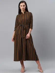 plusS Women Brown & Black Striped Midi A-Line Dress