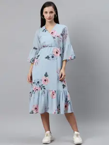 plusS Women Blue & Pink Floral Print Midi Wrap Dress