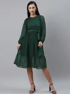 plusS Women Green Solid Fit and Flare Dress with Belt