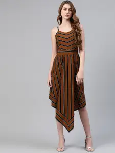 plusS Women Brown Striped A-Line Asymmetric Hem Dress