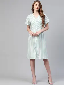 plusS Women Green & White Striped A-Line Dress