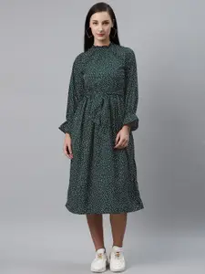 plusS Women Green & White Polka Dot A-Line Dress with Belt