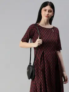 Swishchick Black & Red Striped South Cotton Dobby Fit & Flare Dress