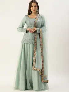 Ethnovog Grey  Green Embroidered Sequinned Made to Measure Lehenga  Blouse With Dupatta