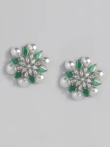 justpeachy Green & Silver-Toned Rhodium Plated Floral Studs