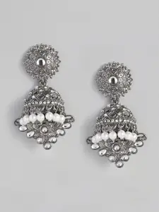 justpeachy Silver-Plated Oxidised Stone Studded Dome Shaped Jhumkas