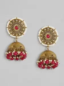Justpeachy Gold & Red Dome Shaped Jhumkas