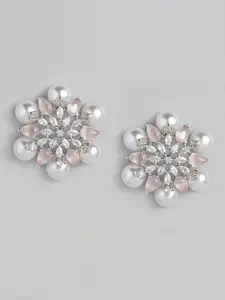 justpeachy Pink & White Rhodium Plated AD Studded Floral Studs