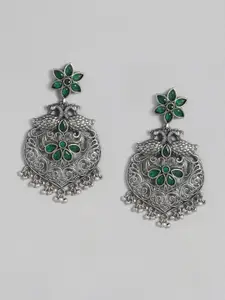 Just Peachy Silver-Plated & Green Oxidised Classic Drop Earrings