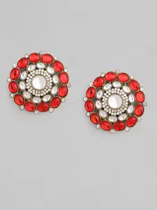 justpeachy Red & White Gold-Plated Kundan Studded Circular Oversized Studs