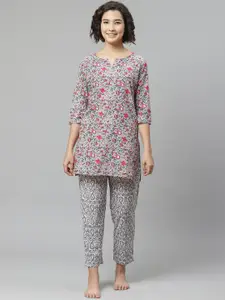 Anubhutee Women Grey & Pink Floral Printed Pure Cotton Night suit