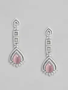 justpeachy Silver-Toned & Pink Rhodium-Plated Contemporary Drop Earrings