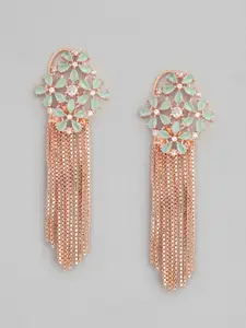 justpeachy Mint Green & Rose Gold-Plated American Diamond Studded Drop Earrings