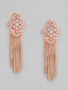 Justpeachy Pink & Rose Gold-Plated American Diamond Studded Floral Drop Earrings