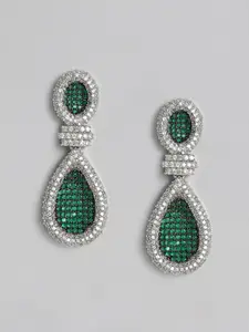 justpeachy Green & Silver-Toned Rhodium-Plated Cubic Zirconia Teardrop Shape Drop Earrings